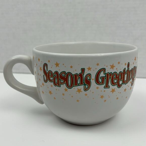 Seasons Greetings Soup Mug Bowl with Handle White Ceramic 5 Inch Holiday - Picture 4 of 6